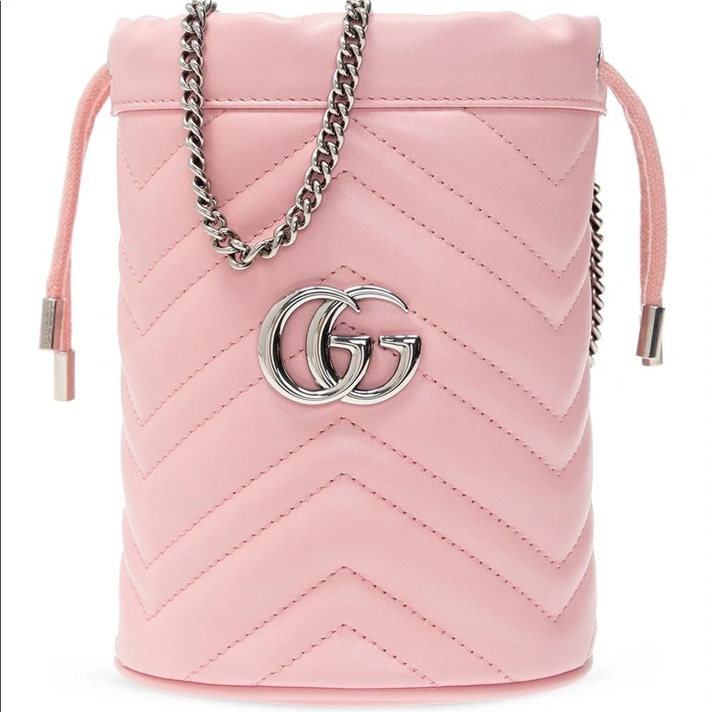 NEW GUCCI Chevron Calfskin Pink Leather GG Marmont Mini Bucket Chain Bag - Picture 1 of 13